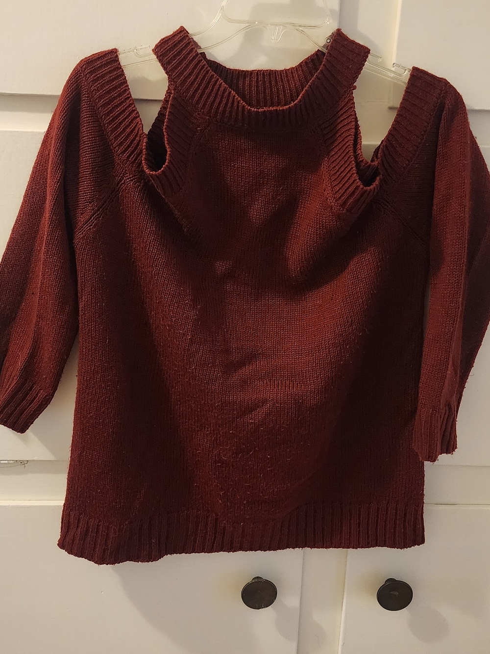 Sweet Wanderer Burgundy Off-the-Shoulder Cold-Shoulder Knit Sweater